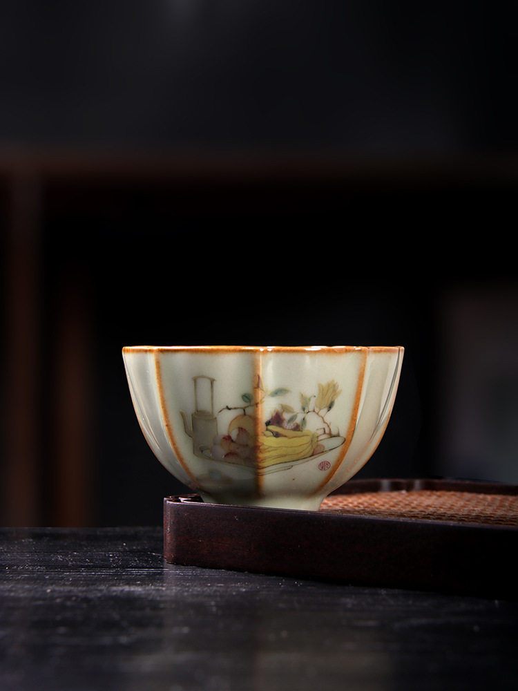 青玉汝窑描金心想事成主人杯中式茶盏汝瓷自在杯茶杯复古单品茗杯