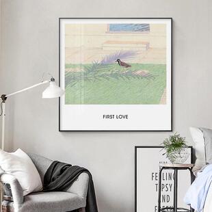 日韩简约风景铅笔素描挂画绿意天空雪地创意白云版画客厅装饰画