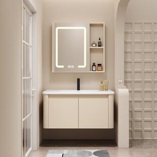 奶油风铝合金洗脸一体盆智能卫生间浴室柜洗漱洗手洗脸台盆柜组合