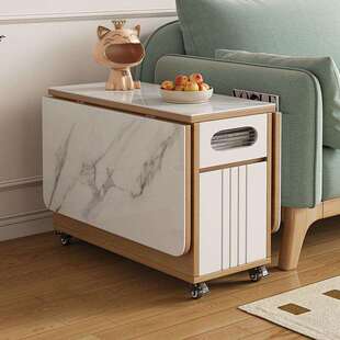 岩板茶几餐桌两用客厅沙发边几角几折叠边柜多功能小推车茶台窄桌