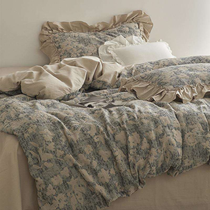 法式田园风全棉四件套色织提花纯棉花边被套床单高档床上用品公主