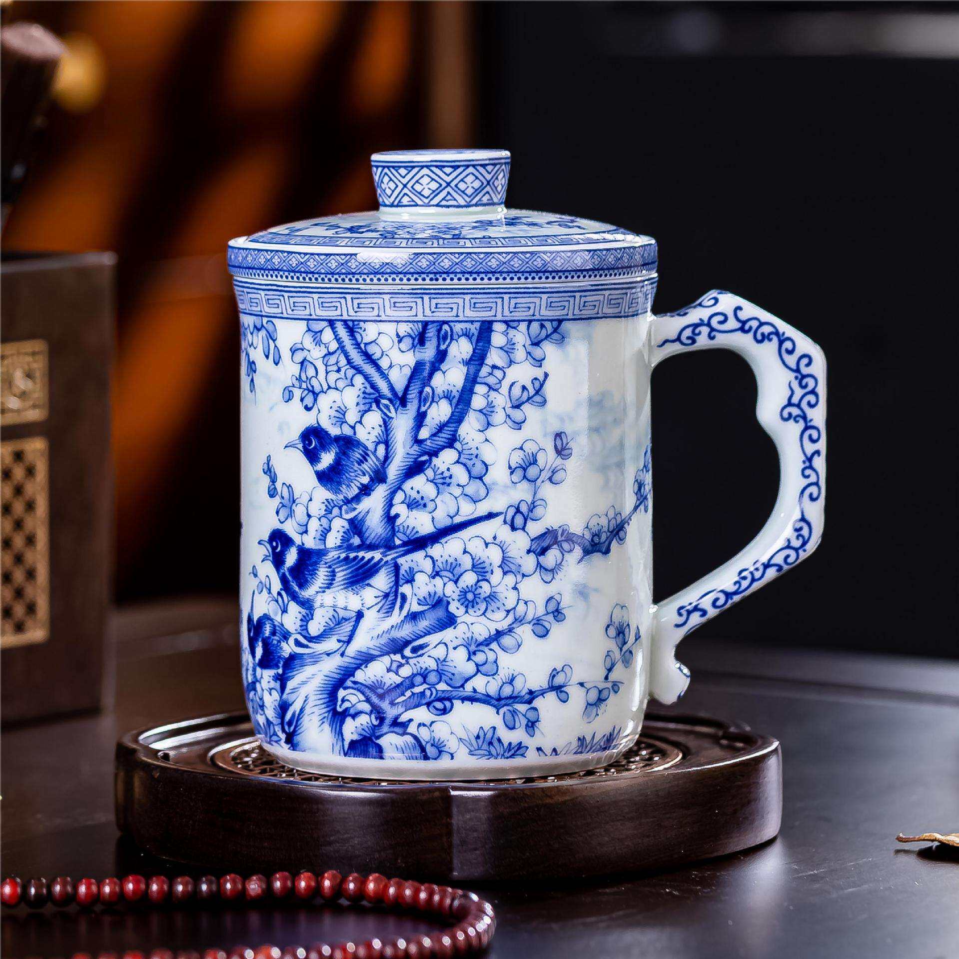 陶瓷茶杯泡茶个人杯 仿古老陶泥青花喜上眉梢办公杯印字