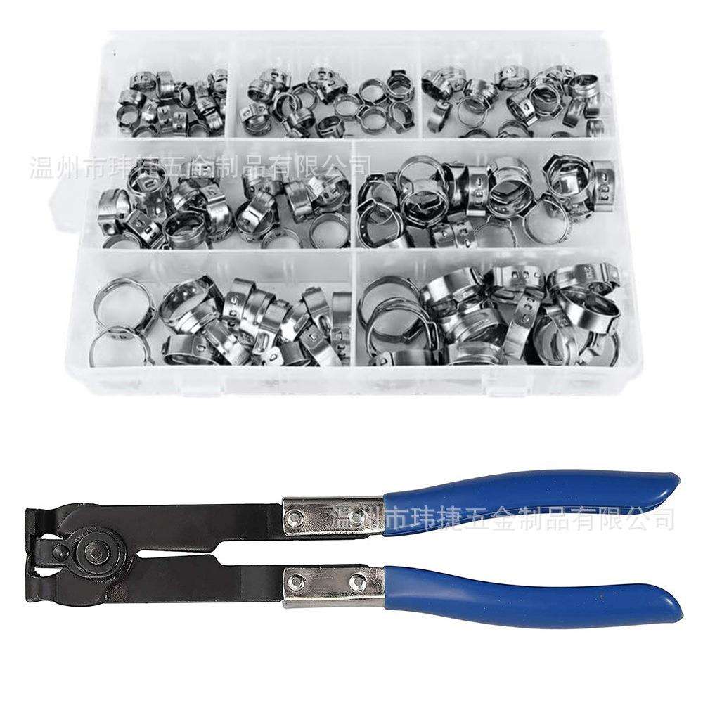 130PCS盒装不锈钢单耳卡箍管箍箍圈软管夹美式喉箍带抱箍钳子