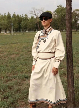 蒙古服蒙古长袍白色蒙古民族装男士日常服装蒙古袍男装演出表演