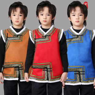新款儿童男女同款蒙古元素马甲秋冬鹿皮绒棉加绒厚马夹保暖坎肩