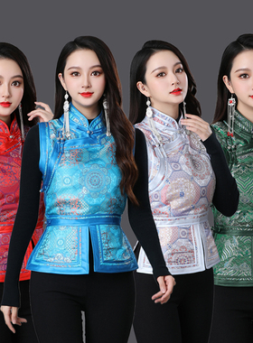民族特色女士手工马甲蒙古传统高档里衬坎肩蓝色白色双面背心加厚
