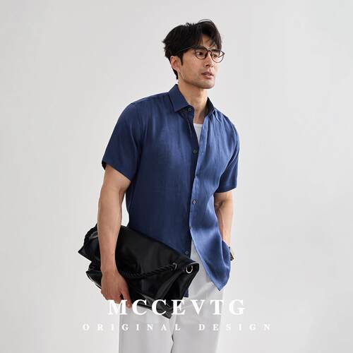 MCCEVTG纯亚麻短袖衬衫男士纯色老钱风复古高档薄款休闲衬衣夏季