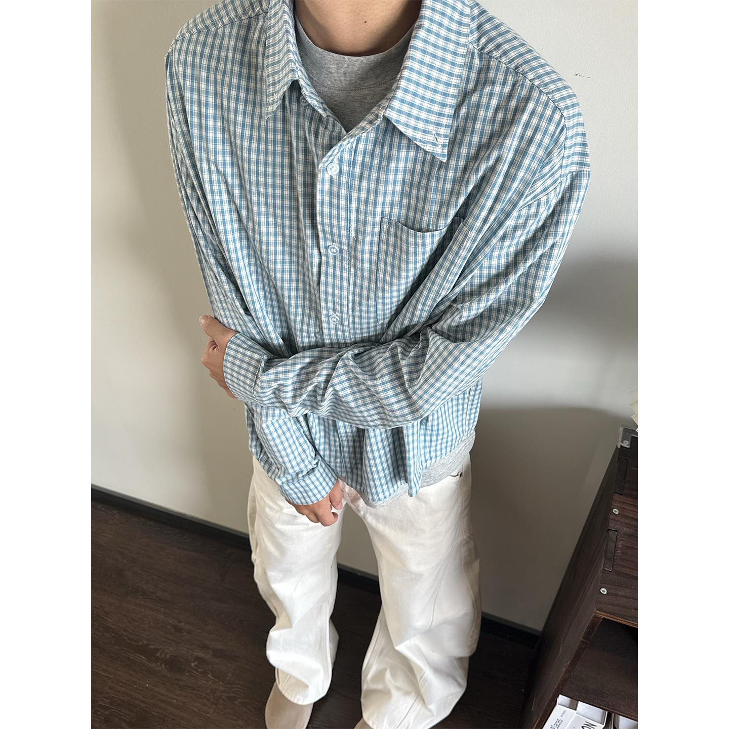 SellScream美式复古休闲格纹衬衫百搭通勤宽松男女短版衬衫潮