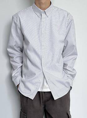 Hmn Studio日本风格覆古基本春秋季棉翻领衬衫男士条纹开衫长袖休