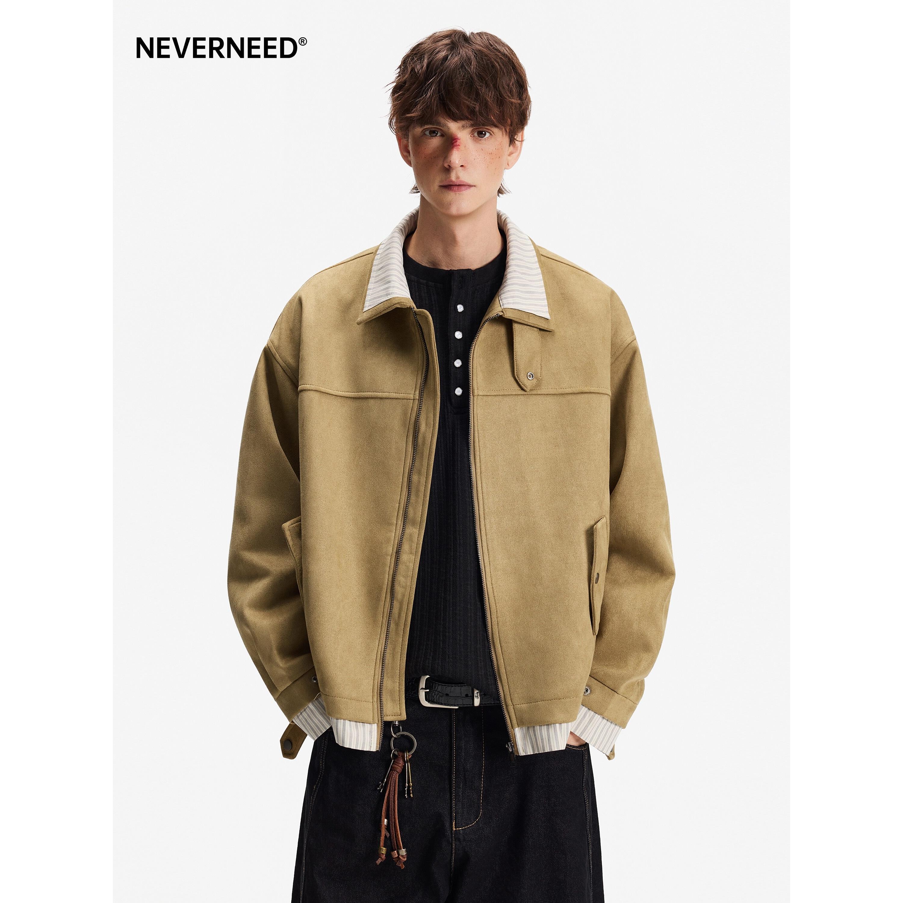 NEVERNEED空气层麂皮绒翻领夹克男女春季美式cleanfit假两件外套