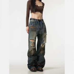 尾郎的店美式高街复古破洞牛仔裤男潮牌痞帅炸街直筒宽松裤子情侣