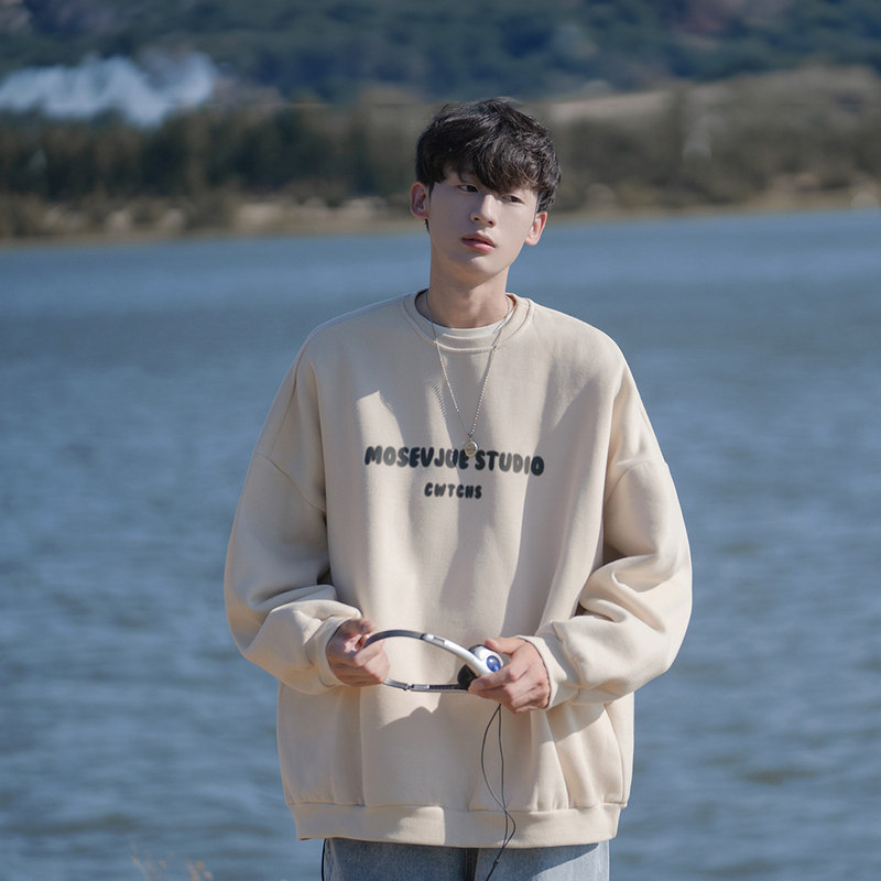 美式圆领卫衣男春秋款复古休闲2024新款潮牌宽松男生无帽外套男款