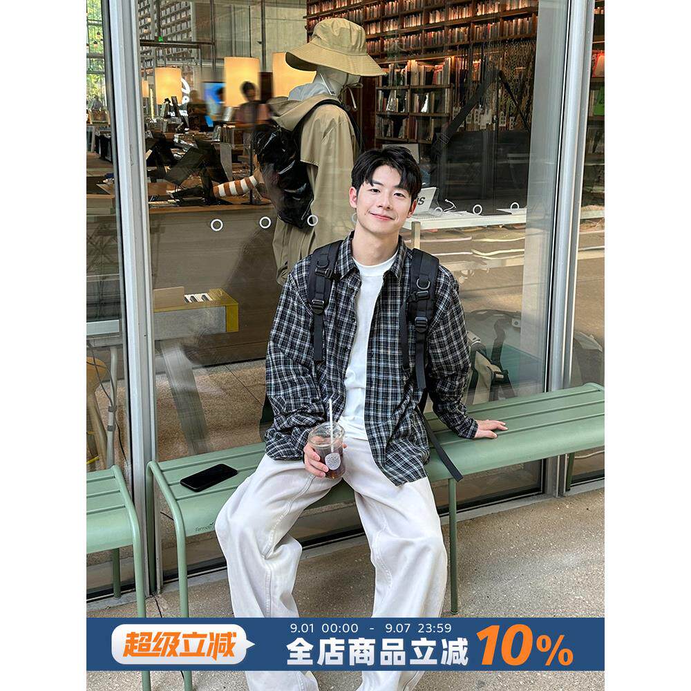 黑格子长袖衬衫男生休闲宽松衬衣慵懒风垂感春秋季韩版上衣外套