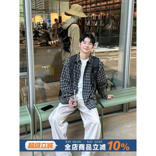 黑格子长袖衬衫男生休闲宽松衬衣慵懒风垂感春秋季韩版上衣外套