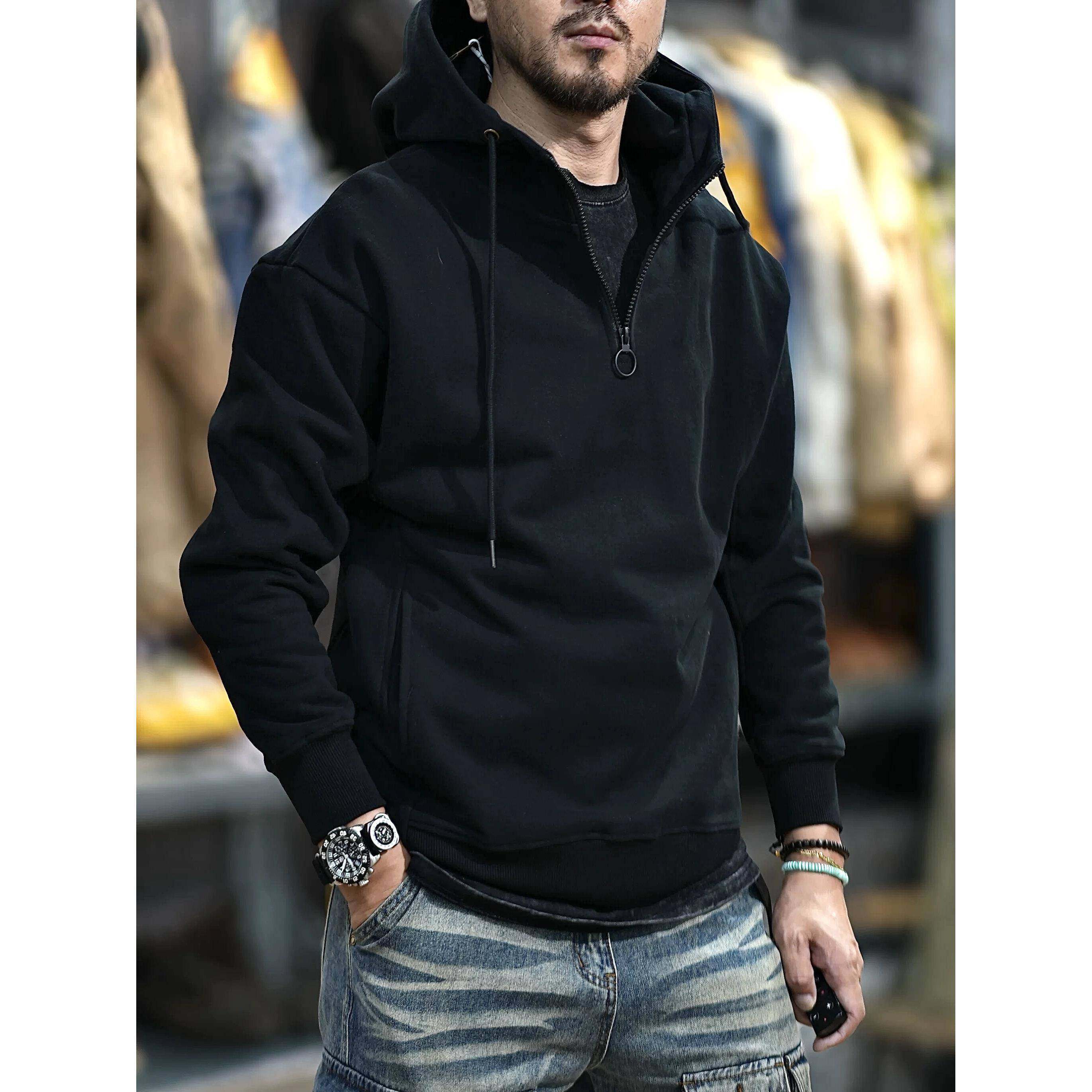 美式复古硬汉风重磅卫衣男连帽拉链加绒加厚宽松男款秋冬套头衣服