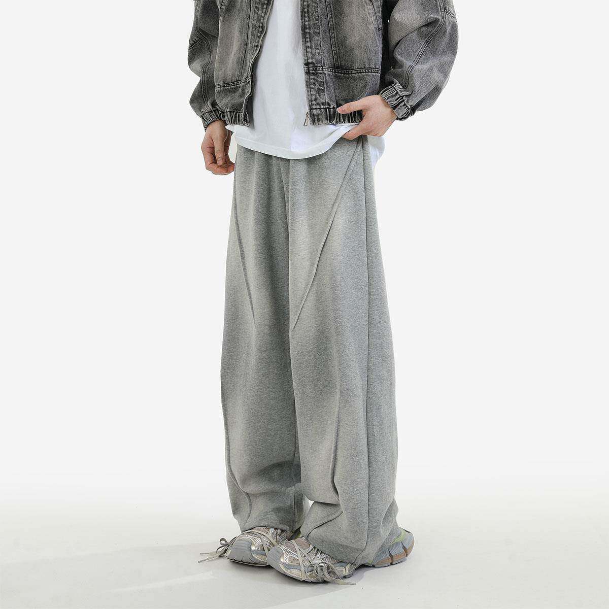 XWWF灰色卫裤男秋冬季美式高街潮牌加绒重磅垂感休闲宽松直筒长裤