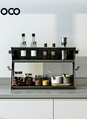 厨房置物架子免打孔黑色铝合金墙上壁挂收纳双层调料盒置物架