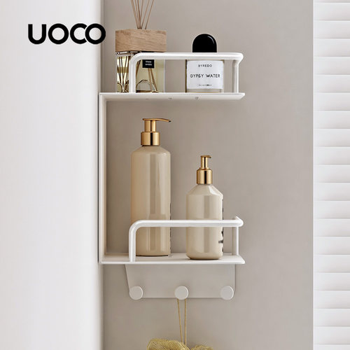 UOCO由可奶油白色浴室置物架卫生间转角收纳架免打孔角位双层挂件