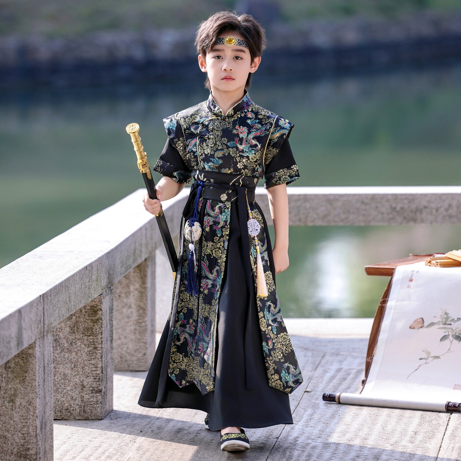 男童新中式汉服夏季短袖原创圆领袍古装帅气侠客公子幼儿国学唐装