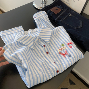 女秋季 复古设计感蓝色条纹蕾丝花边衬衫 文艺气质蝴蝶结polo领上衣