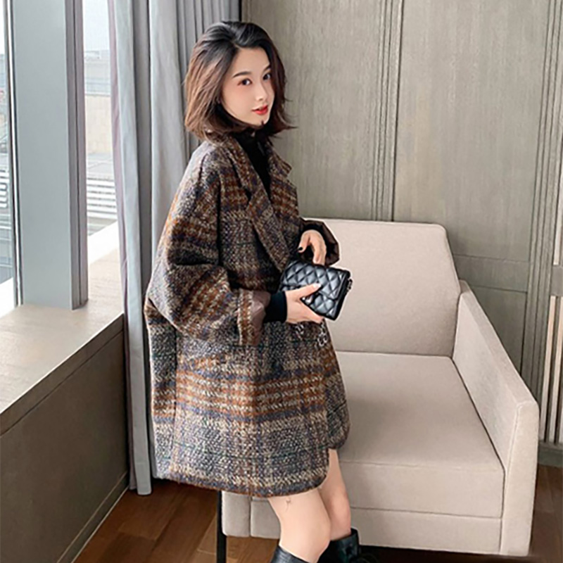 西装外套女秋冬2020新款流行小个子百搭格子粗花呢中长款毛呢大衣
