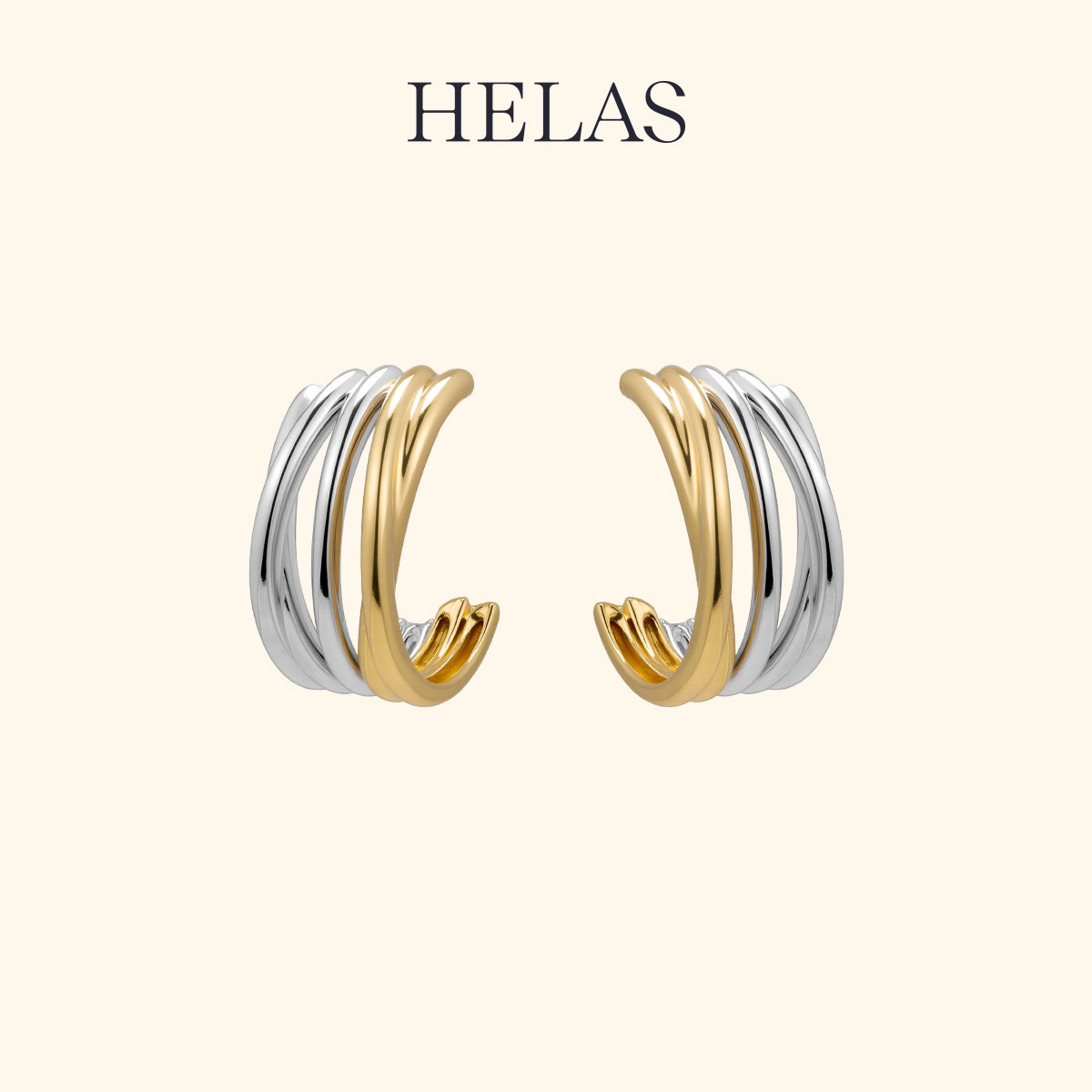 HELAS赫拉18K金双色素金耳环金银双色C圈幻金耳钉女小众重金耳饰