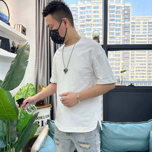 男士港风下摆开衩纯棉短袖T恤