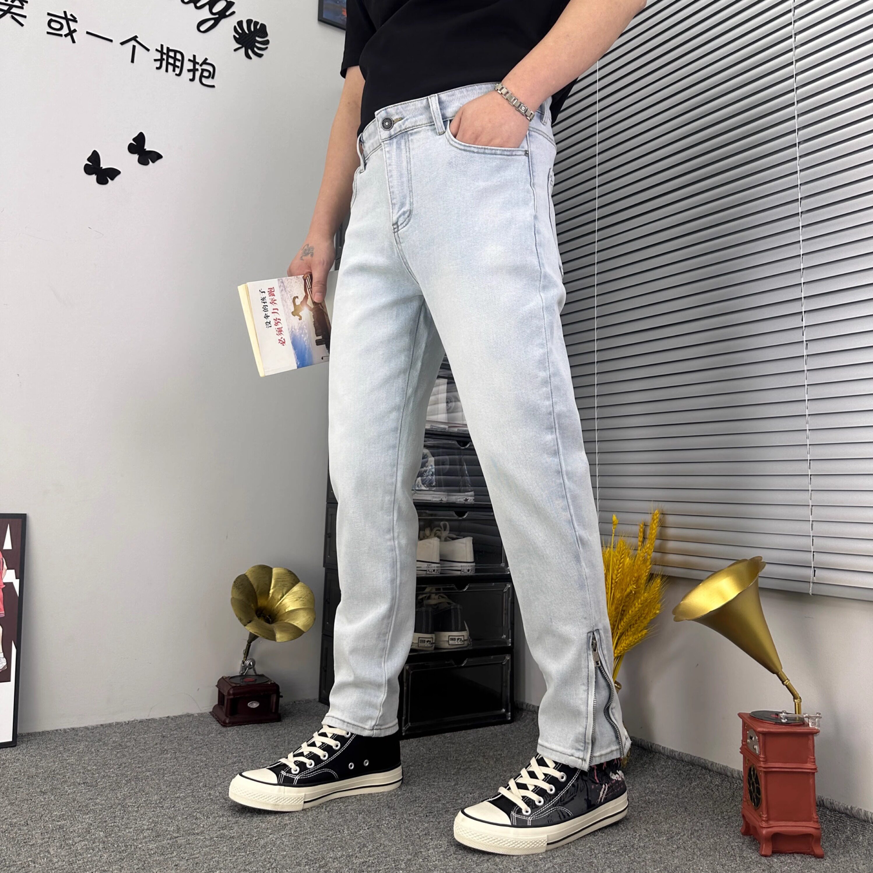 男士春夏破洞水洗休闲百搭高街裤脚拉链喇叭男牛仔裤子修身长裤