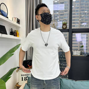 男士ins极简风圆弧下摆休闲百搭纯色纯棉短袖T恤圆领宽松打底上衣