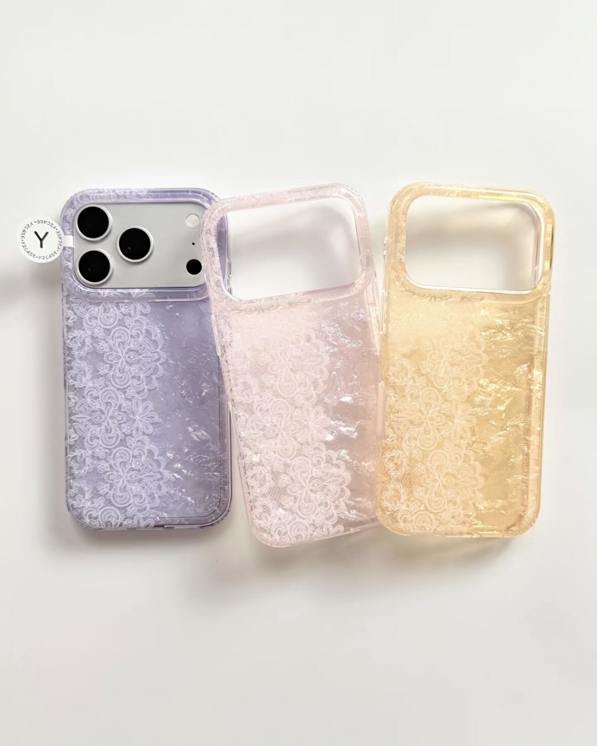 新款ins纯色贝壳纹蕾丝手机壳适用iPhone17ProMax 16ProMax 15ProMax 温柔少女带纱纱镶钻手拎挂链全包软壳