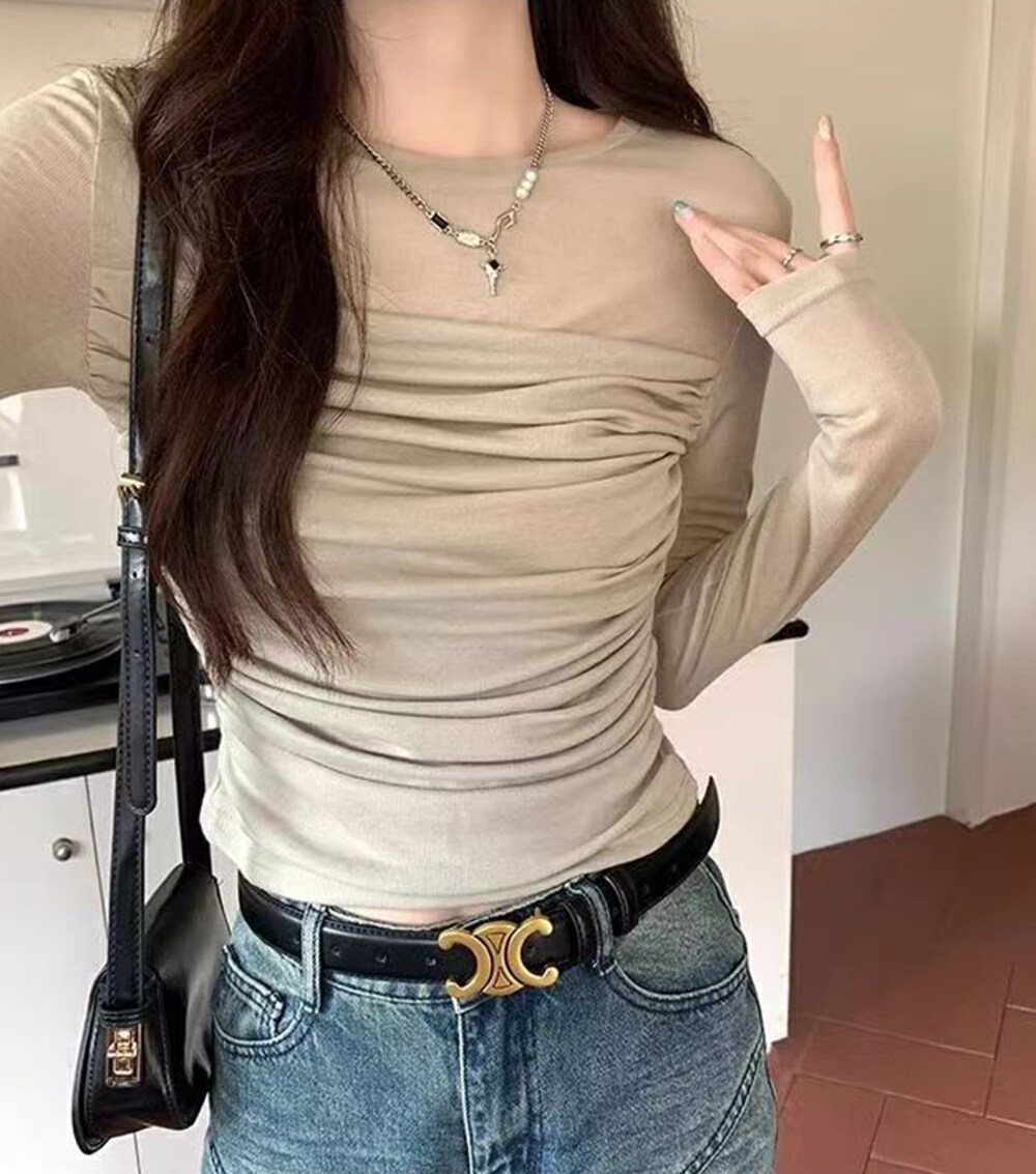 春秋薄款网纱长袖t恤女修身打底衫纯欲风褶皱设计感小众短款上衣
