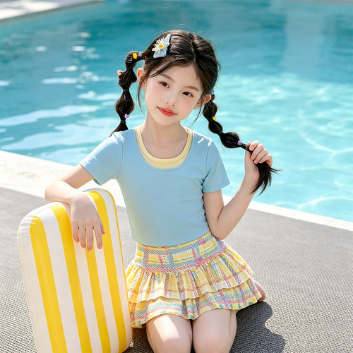 女童夏季拼色蛋糕裙分体泳装