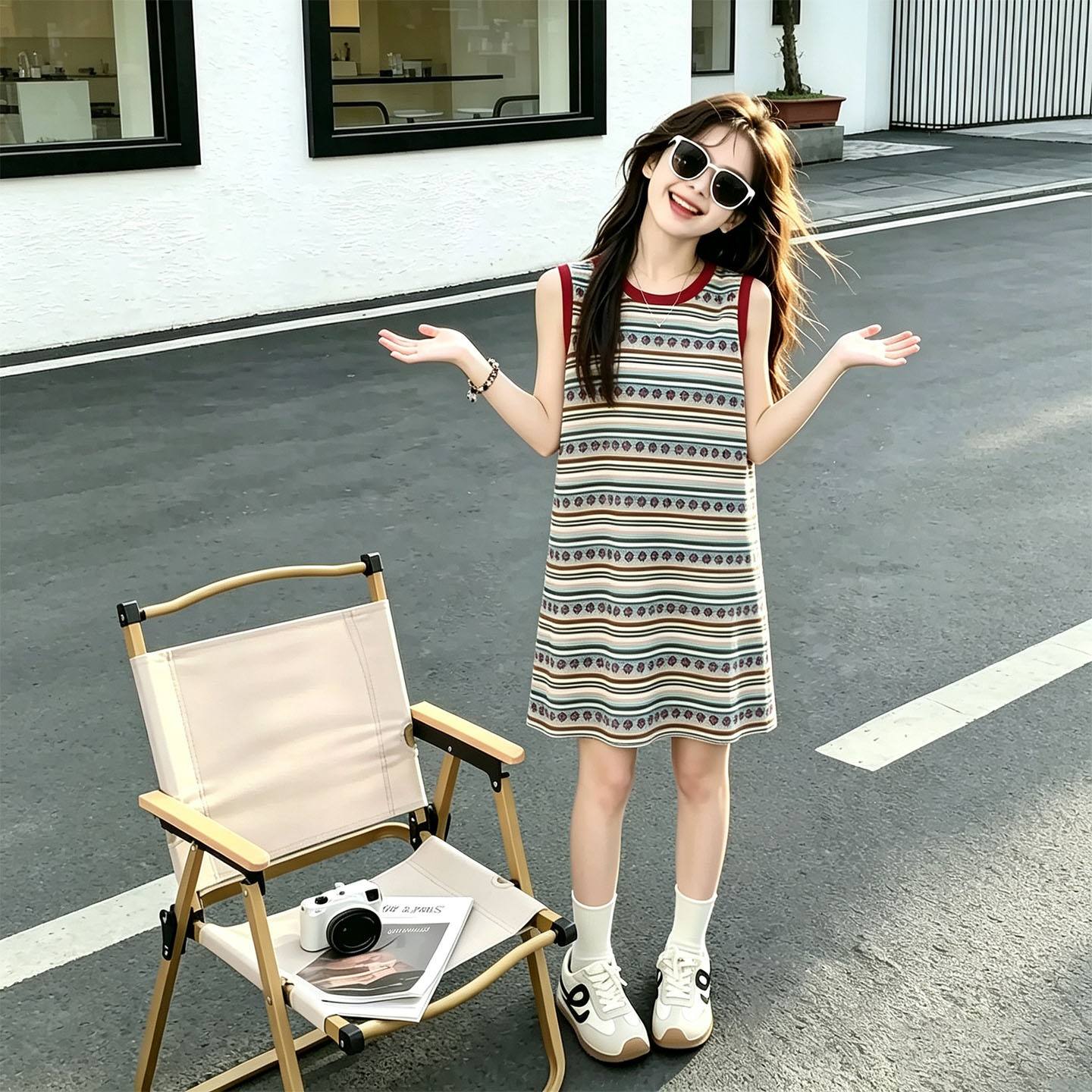 女童夏季樱桃条纹T恤连衣裙图片