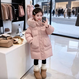 女童2025秋冬季新款儿童中长款棉服洋气棉衣女孩加厚外套毛领保暖