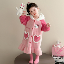 女童睡袍法兰绒秋冬新款卡通连帽凯蒂猫睡衣加厚珊瑚绒家居服睡裙