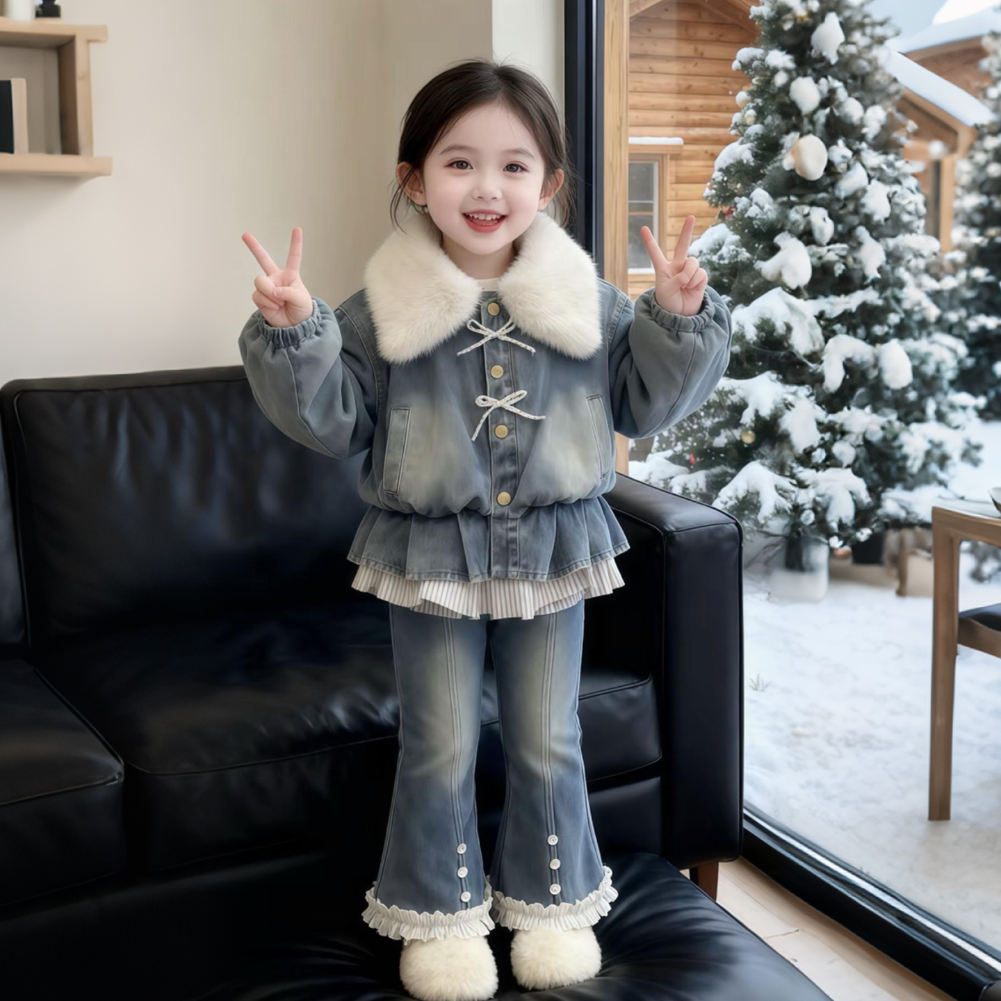 女童冬季套装2025新款小女孩加厚保暖冬装洋气休闲百搭牛仔两件套