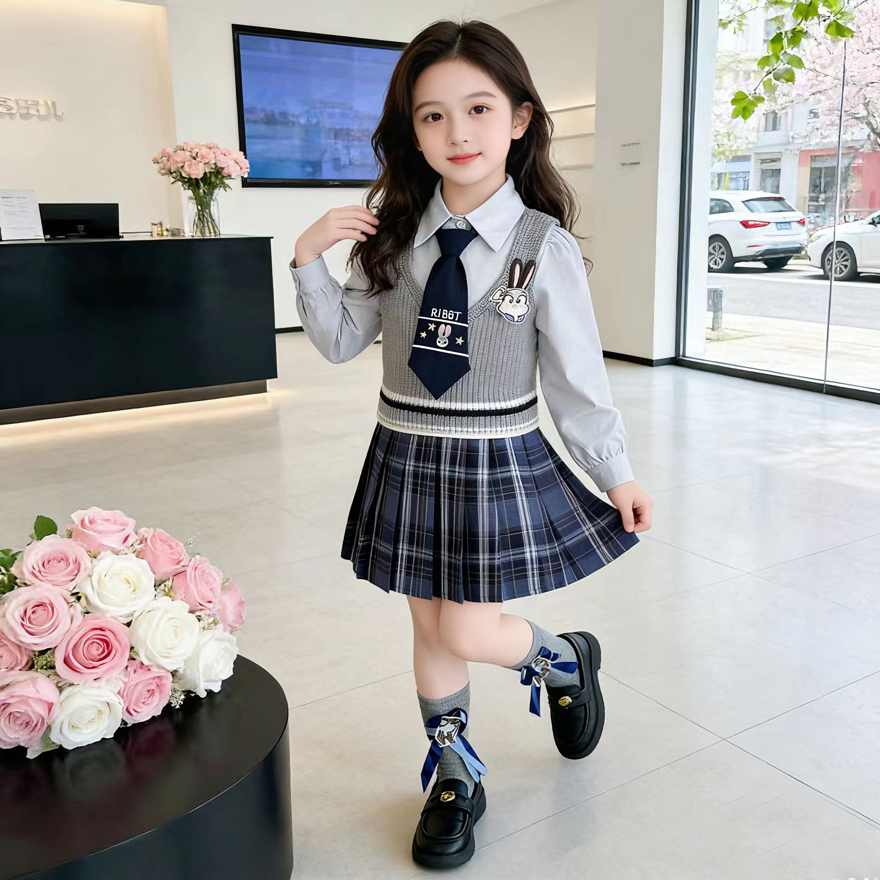 女童JK裙三件套春秋装新款2026学院风时尚针织背心女孩洋气格子裙