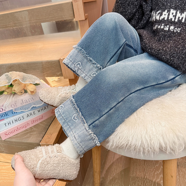 女童爱心加绒牛仔裤春秋新款