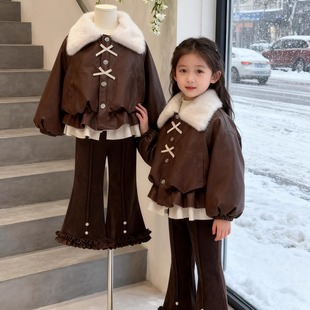 女童秋冬套装2025新款韩系洋气时髦两件套女孩子休闲翻领皮衣套装