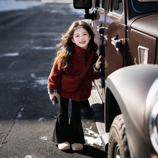 女童毛毛衣2026秋冬复古红色羊羔毛外套女宝宝加厚保暖拜年服外套