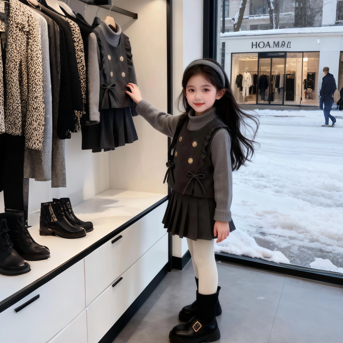 毛呢背心加厚百褶裙小香风甜美