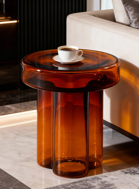 现代简约琥珀色玻璃圆形边几
