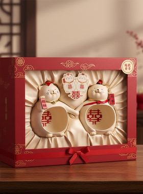 招财猫陶瓷摆件新婚红色喜字