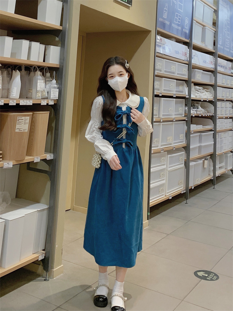 春季韩系复古少女感娃娃领衬衫灯芯绒蝴蝶结背心裙套装甜美洋气