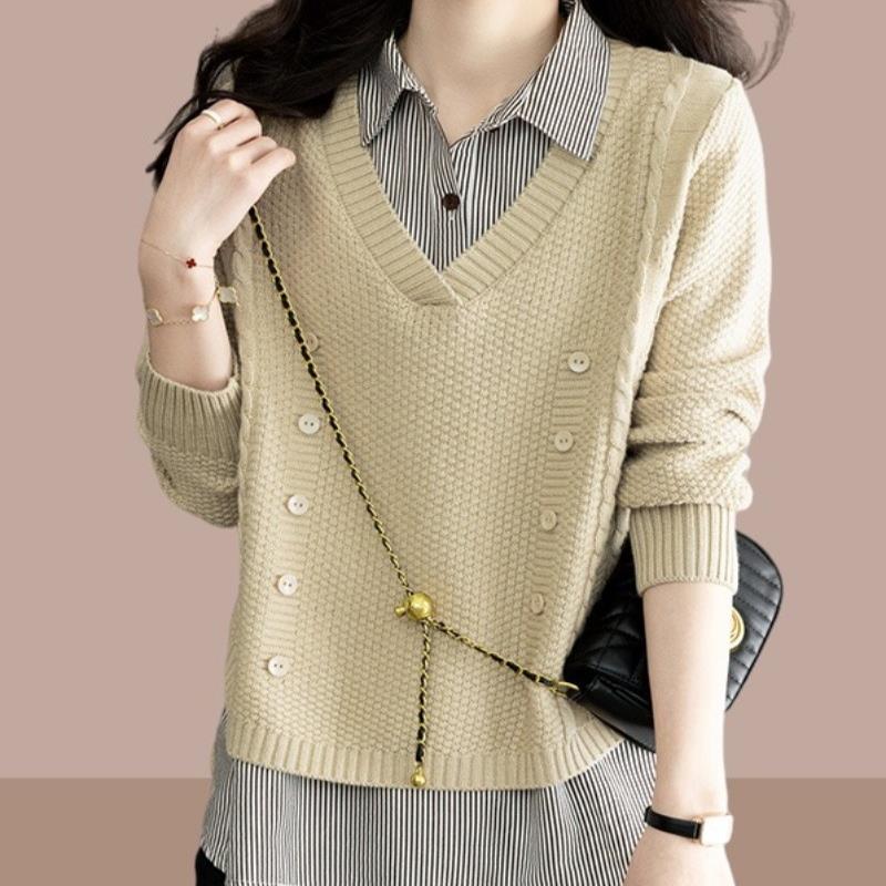 秋装新款假两件女装针织羊绒衫POLO领上衣春秋打底衫衬衫领羊毛衣