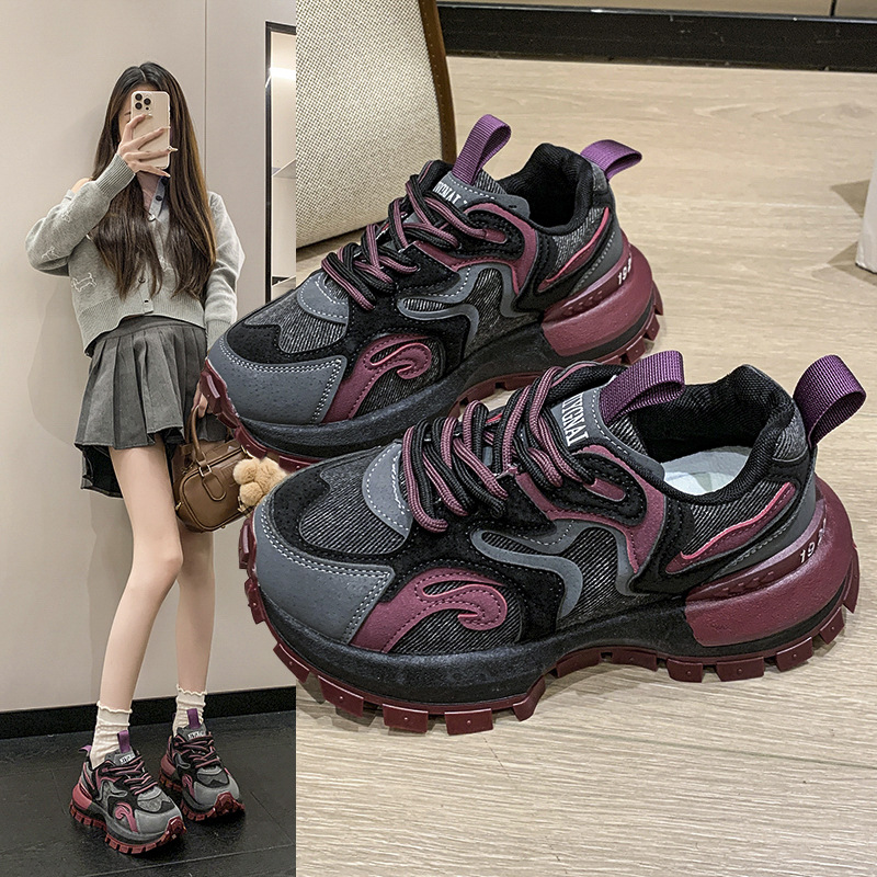 热门爆款2025冬季厚底增高经典运动鞋火焰拼色系带老爹鞋女is