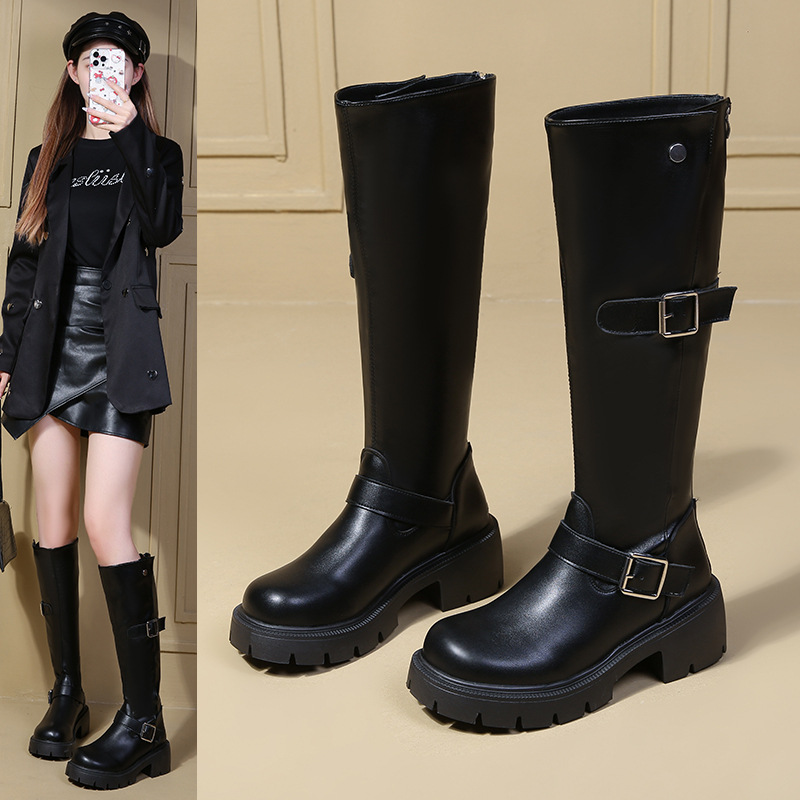 厚底骑士靴女2025新款秋冬季西部粗跟白色不过膝高筒长筒靴子