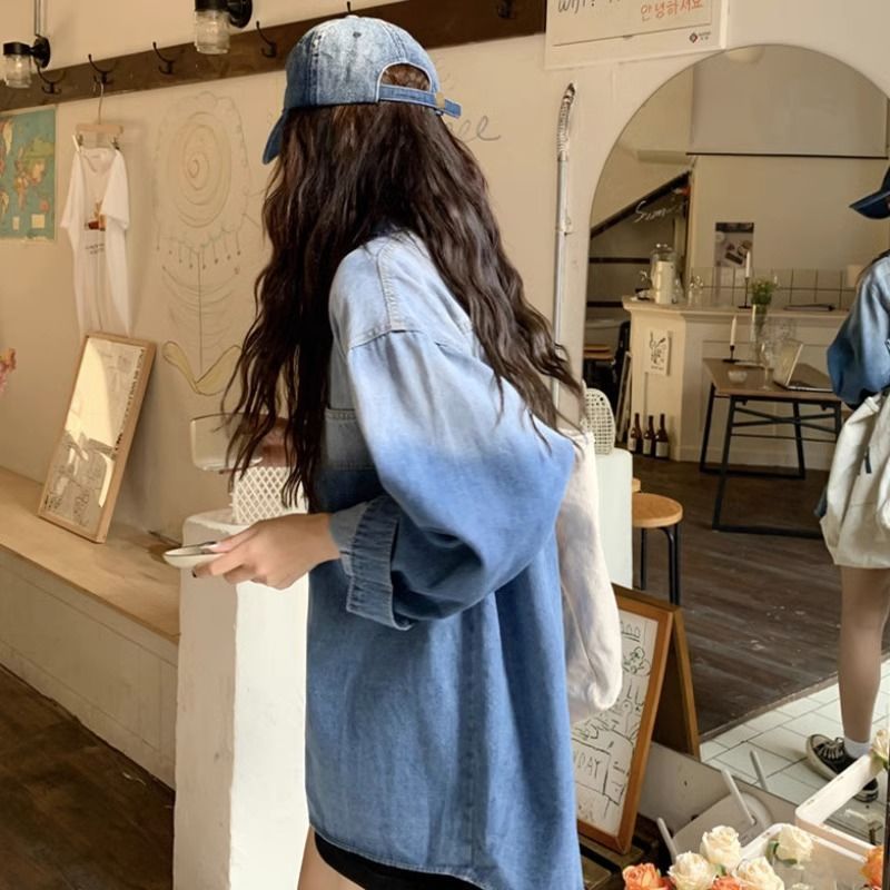 大码牛仔外套女胖显瘦小众设计感渐变长袖上衣秋季外穿学生百搭