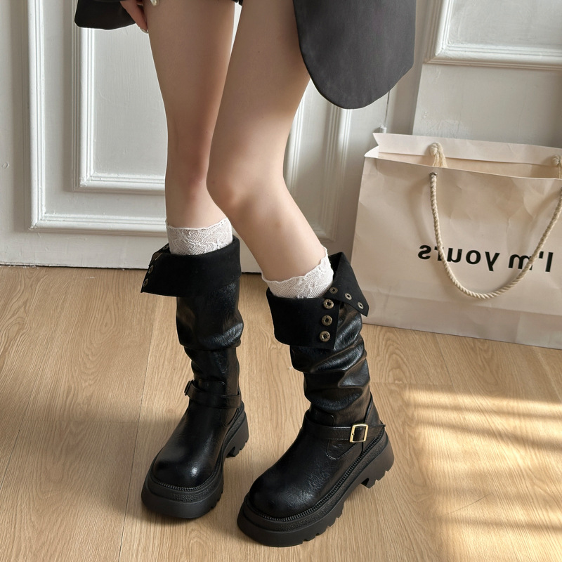 黑色复古英伦风粗跟长筒骑士靴女2025秋冬新款皮带扣西部牛仔靴女