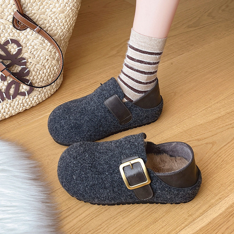 毛呢厚底百搭两穿毛毛鞋2025秋冬新款加绒保暖穆勒鞋勃肯棉鞋子